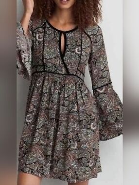 American Eagle Boho Paisley Print Peasant Dress Bell Sleeves